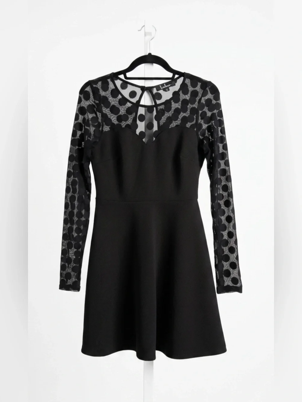 Lulus Black Polka Dot Mesh Long Sleeve Mini Dress Size M